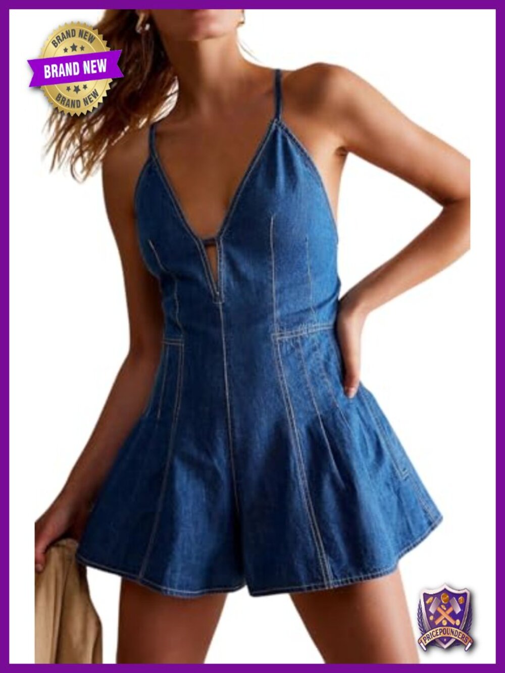 Women's V Neck Denim Romper Sleeveless Spaghetti Strap Jean Overalls